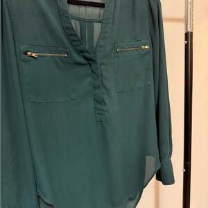 Women’s Teal Long-Sleeve V-Neck Blouse with Zip Chest Pockets